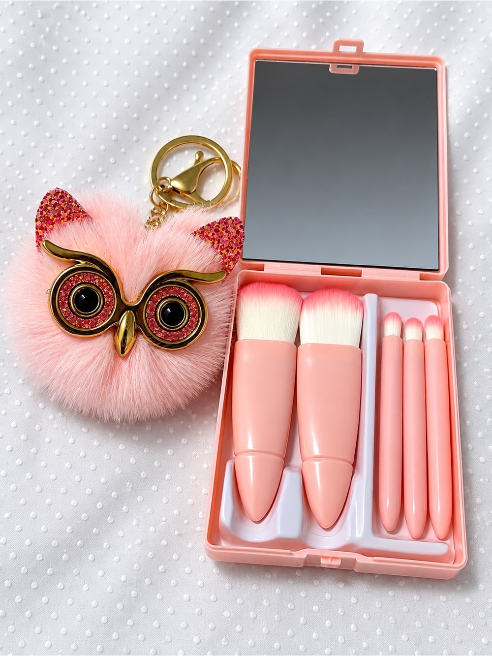 Pink Owl Pom Keychain with Compact Kids Makeup Brush Set